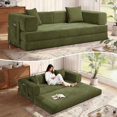 Convertible Folding Couch Bed, Corduroy Sleeper, Comfy Lounge