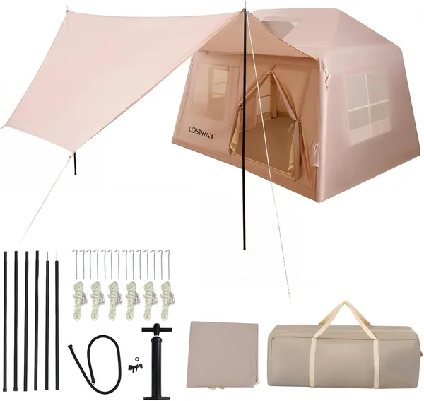 COSTWAY Inflatable Tent 4-6 Person, Lufttån, Dören och Moskitnet, Campingtänd Med Grundapeg och Tensi – Best Price