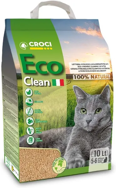 Croci Eco Clean Lettiera 10L – Lettiera per Gatti a Formazione di Grumi, Biodegradabile per lo Scarico, al 100% Vegetale e Duratura