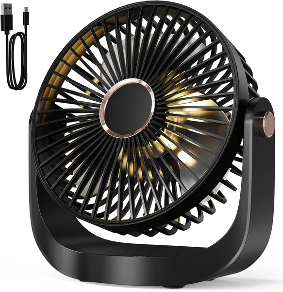 DDHTSAL Tragbarer USB Tischventilator mit Nachtlicht, 3000 mAh Akku, 360° verstellbar, 5 Geschwindigkeitsstufen, Ultra Leise Energieeinsparung