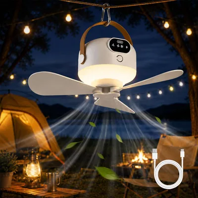 Deckenventilator mit Beleuchtung Camping – Mobile Fanlampe mit Fernbedienung, wiederaufladbarer Deckenventilator für Außenbereiche, USB-Anschluss