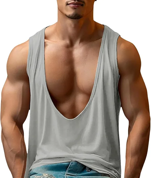 DENGJIAMY Głęboki Dekolt w Serek Tank Top dla Mężczyzn – Lato Sport Fitness Odcięta Koszulka Siłownia Atletyczna Kulturystyka