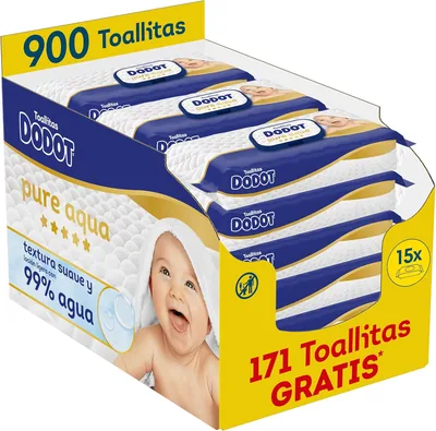 Dodot Pure Aqua Soft Textured Baby Wipes, 900 Wipes (15 Packs de 60 Count) con Lotion al 99% de Agua – 35% de Descuento