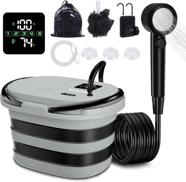 Ducha portátil Spopal con batería de 13000mAh, pantalla LED y balde plegable de 20L, 5 velocidades ajustables