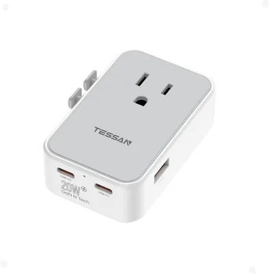 テサン 変換プラグ 世界対応（4in1、20W）、国際旅行用コンセントアダプター C/BF/O/Aタイプ USB-C 2ポート ベストディール