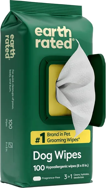 Earth Rated Pet Wipes 100er, Hypoallergen, Rengfölande och Hydraterande, för Paw-vård, Körp och Butt, Osnackat, 15% Rabatt