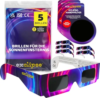Eclipse Sonnenfinsterglas-Set 5er-Pack mit Smartphone-Filter – ISO 12312-2 & CE & UKCA zertifiziert, sichere Sonnenbeobachtung + 2