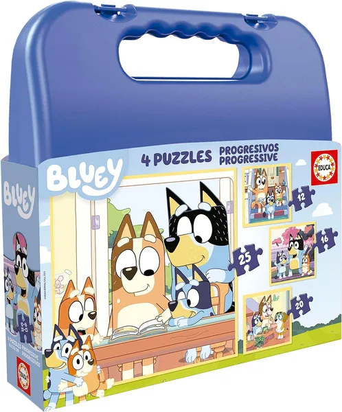 Educa – Juego de Puzzles Progresivos con Personajes de Bluey, Set de 4 (12-25 Piezas) – Maletín Magnifico
