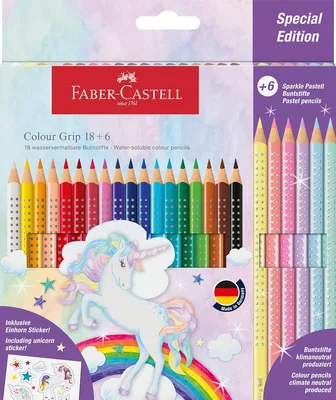 Faber-Castell 201543 Unicorn-Malstifte-Set, 24 Teile, bruchsicher, inkl. 6 Sparkle Pastel Stifte und Einhorn-Stift