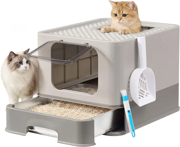 Feandrea PPT004G101: Scatola per Letto Catto in Acciaio Inossidabile con Vaso Rimovibile, Paletta e Spazzola, 2 Ingressi, per Gatti fino a 15 kg, Leggera G