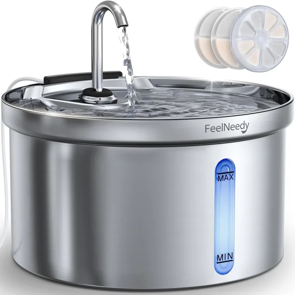 Feelneedy Stainless Steel Katwaterfontein 3.5L Stilte Katwaterfontein met Kraan, 3 Filters en USB-lading, Automatisch Kat