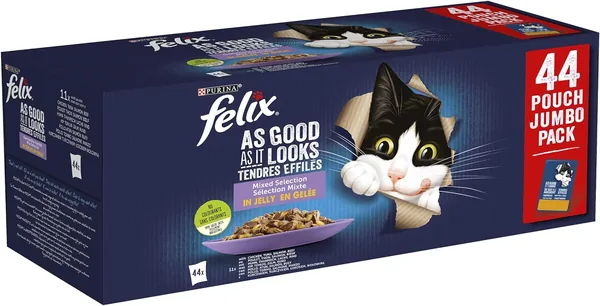 Felix Fantastique Nourriture Humide pour Chat Adultes, Assortiment de Viandes (Bœuf, Poulet, Saumon et Thon), Paquet de 44 Sachets de 85g – Meilleur Prix