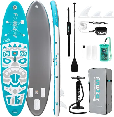FunWater Tavola da Surf Gonfiabile con Pinne, Cintura di Sicurezza, Pompa Manuale, Paddle, Zaino, per Adulti e Bambini