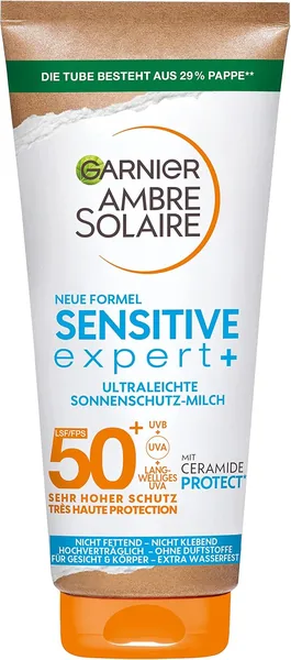 Garnier Ambre Solaire Sensitive Expert+ Sonnenschutzmilch mit SPF 50+, sehr leichte und restloses Sonnencreme für helles Haut