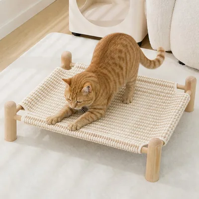 GIIPET 猫ベッド ハンモック スタンディングタイプ 木製 小犬用 ハンモック 広々 爪研ぎ シラスヘンプ 通気性 熱発防止 Best Deal