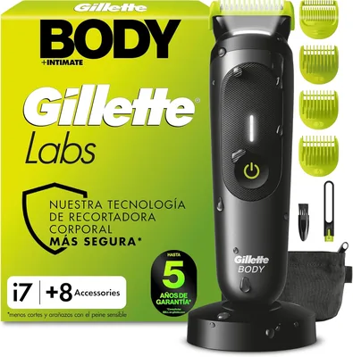 Gillette Labs i7 Cuerpo + Recortador Corporal Intimo con Accesorios, Negro/Verde – Depilador Masculino con 4 Peines, Estuche, Carga