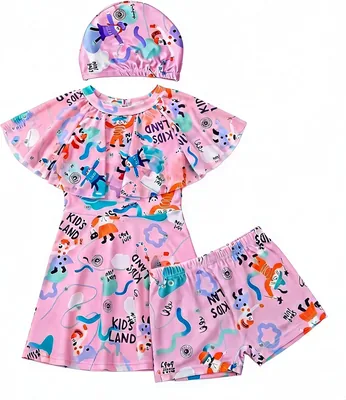 Girls 3-in-1 Swimwear Set – One Piece Swimsuit with Skirt, Cap & Shorts, Ruffle Bathing Suit for Ages 2-10
