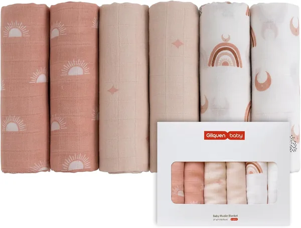 GLLQUEN Muslin Schmusetücher für Babys, Packung mit 6 Baumwoll-Windelproptüchern 70 cm x 70 cm, Saugfähig und Atmungsaktiv
