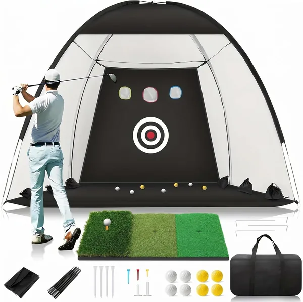Golfträningsnät med matta – Golfslaghjälp för svängträning i din trädgård, inklusive mål