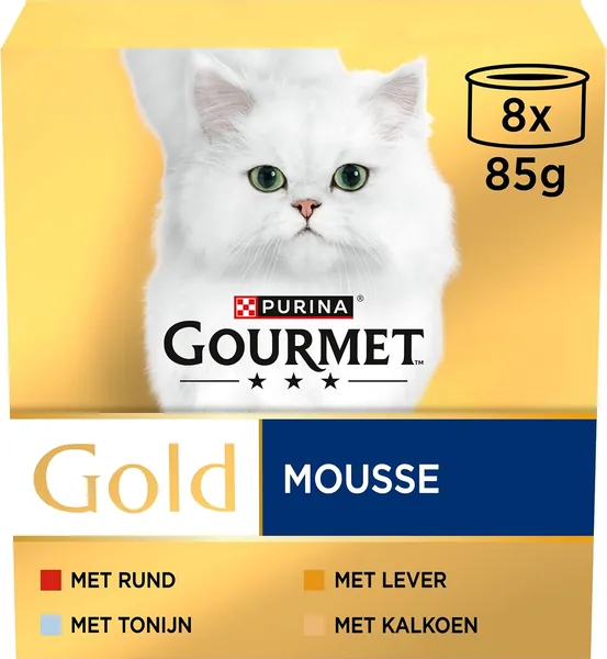 Gourmet Gold Mousse Katvoedsel met Tunas, Lever, Kip en Rundvlees – 8x85g – 6 stuks (48 blikken; 4.1 kg)