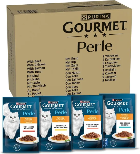 Gourmet Perle Adulto Cibo Umido per Gatti, Ripieni in Salsa con Manzo, Pollo, Salmone e Tonno. 96 Sacchetti da 85 g