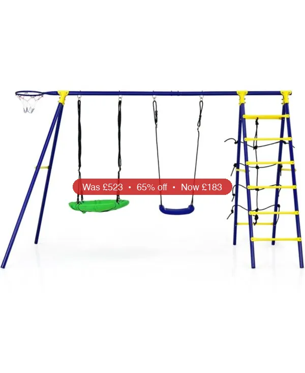 HONGGE 5-in-1 Outdoor Kids Swing Set with A-Frame and Ground Stakes – 65% Off