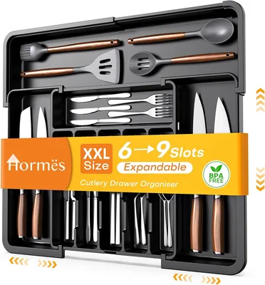 Hormes Cutlery Drawer Organiser, Expandable Kitchen Drawer Organiser with 6-9 Adjustable Compartment