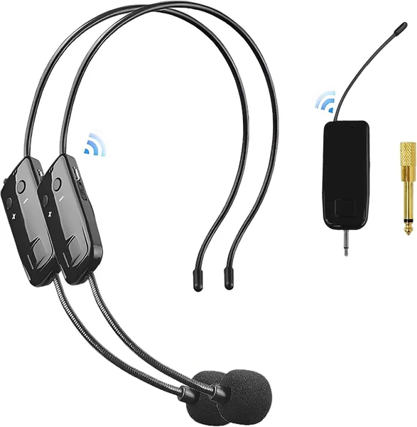 HUACAM UHF Professional 50M Casque Microphone Sans Fil, Transmission Stable, 2 en 1, Pour Fitness