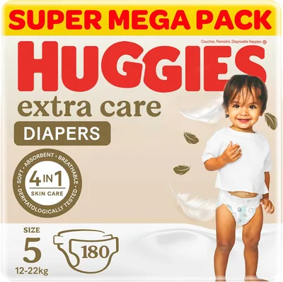 Huggies Extra Care Baby Diapers, Size 5 (12-22 kg), Super Mega Pack, 180 Diapers – Save 31%