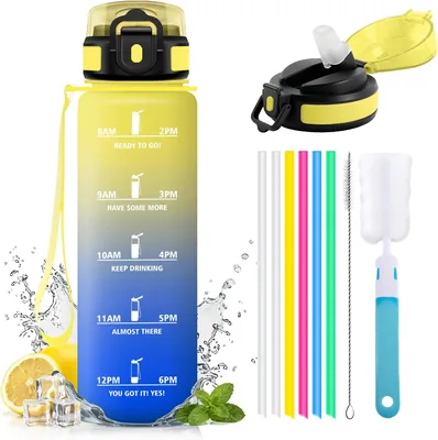 Japoria Bottiglia d’Acqua Sportiva 1L con Fori per Bere e Custodia, Indicatore di Tempo