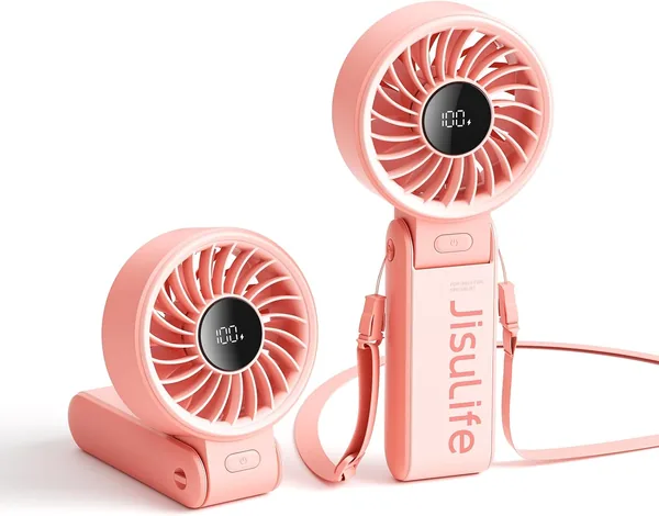 JISULIFE Hand Fan, Krachtige Draagbare Ventilator met LED-display, Tot 19,5 Uur, 5000 mAh, 3-in-1 Handventilator/Bureauventilator Mini Ventilator Tra