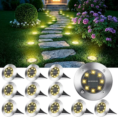 Joomer Pack von 12 Solar Bodenleuchten, Außenleuchten für Garten mit 8 LEDs, 3000 K Warmweiß Wasserdicht