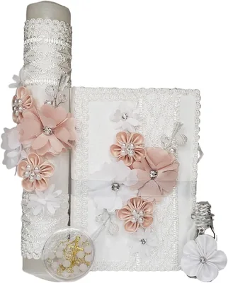 Juego de comunion con biblia forrada en tela y vela de parafina, decorado con flores – Mejor Oferta
