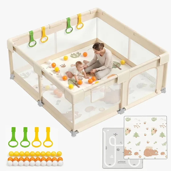 KUQAZ Beige Baby Spielgarten mit Matratze – 150 x 150 cm Spielgarten mit Atmungsaktivem Mesh und Antirutsch-Saugnäpfen, XXL
