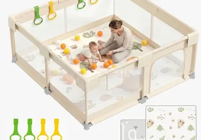 KUQAZ Beige Baby Spielgarten mit Matratze - 150 x 150 cm Spielgarten mit Atmungsaktivem Mesh und Antirutsch-Saugnäpfen, XXL in Hungary