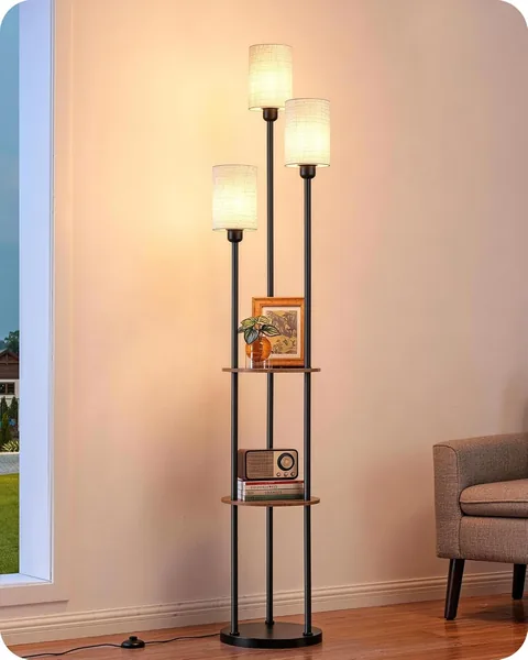 Lámpara de pie EDISHINE para salón, lámpara LED con 3 bombillas, estante y pantalla de lino, base E27, bombillas incluidas, diseño moderno