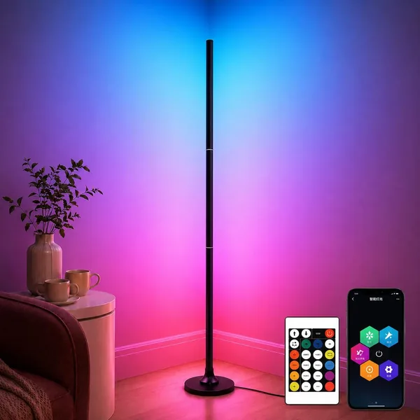 Lámpara de Pie LED RGB Regulable Aogled – 120cm Angular Desmontable, Control Remoto y App, 16M Colores, Sincronización Musical, DIY