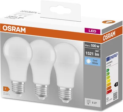 Lámpara LED Osram Classic A Base, E27, No Dimmable, Reemplaza 100W, Matt, Blanco Frío – 4000K, Paquete de 3