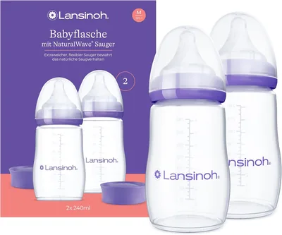 Lansinoh Flaschen mit NaturalWave Saugern Größe M, 240 ml – Zwillingspack – Kompakter Design für verbesserte Stabilität – Stapelbar
