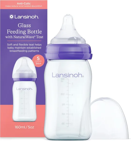 Lansinoh Glass Babyflask, Ökofreundlig med NaturalWave, Låtandfritt Fodringskap (160 ml), Omgängbar