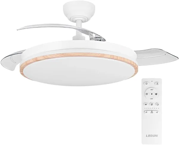 LEDUNI Ventilador con Luz LED de 72W y 7590LM, Control Remoto, Motor DC con Temporizador, 6 Velocidades, Asas Retractables, 3 Temperaturas de Luz