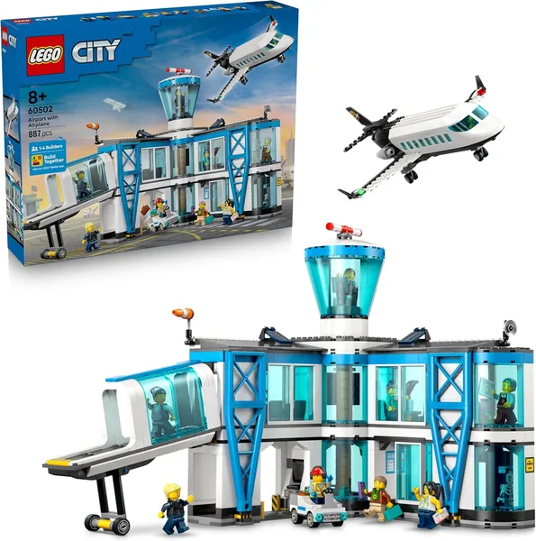 LEGO City Luchthaven met Vliegtuig Speelgoed – Miniatuur Modelkit met Terminal, Vliegtuig, Trekkerwagen, Brug, 9 Minifiguren & Accessoires – 23% Korting