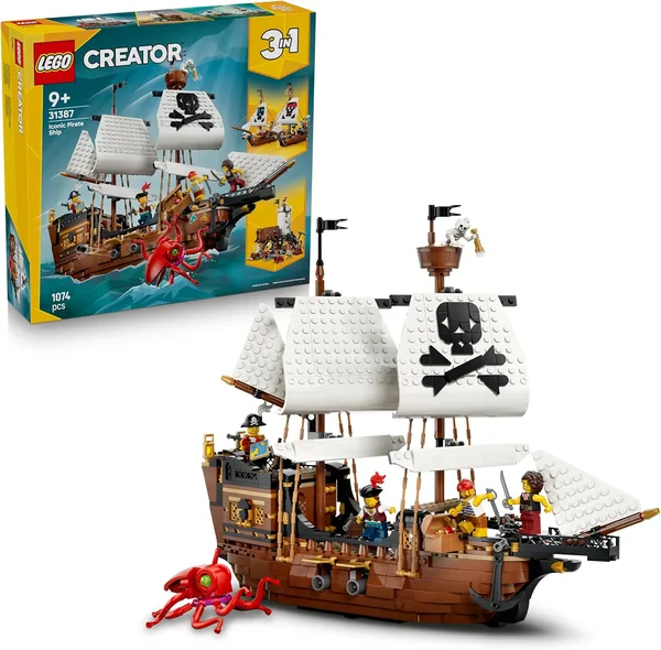 LEGO Créateur 3-en-1 Navire Pirate Mythique – Jouet – Kit de Construction Transformable en Château ou Bateau Jumeau – Décoration Chambre Enfant