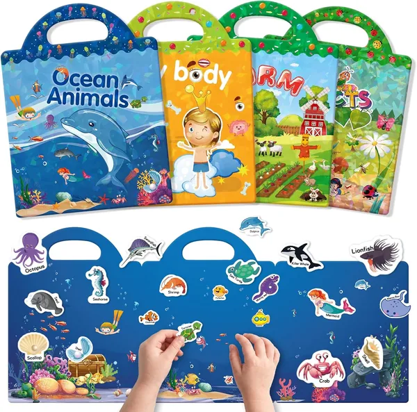 Libro adesivo GUYUCOM di 4 pezzi: Libro adesivo per bambini da 2 a 6 anni con animali marini, parti del corpo, insetti