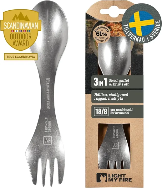 Light My Fire Spork Stainless Steel Grade 304, 3-i 1 Shatterproof Camping Cutlery Knife Fork Spoon Set för 1, Resor