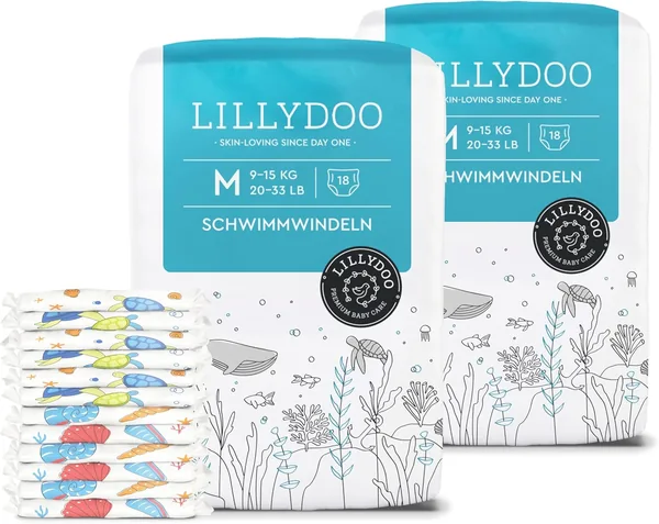LILLYDOO hautfreundliche Einweg-Schwimmwindeln für Babys, Größe M (9+ kg), 2 Packungen (36 Stück) mit zwei Unterwasser-Design Best Deal