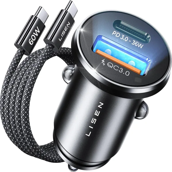 LISEN Caricabatterie USB-C da 69W+60W con Cavo [PD e QC3.0 Rapido] per Auto, Kit Accessori Auto