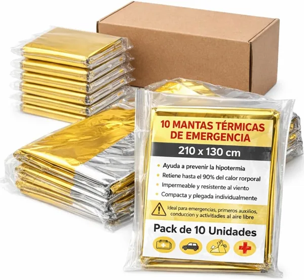 Lot de 10 couvertures thermiques d’urgence – Couverture de survie aluminisée double face doré/argenté 210 x 130 cm – Préventi – Meilleur Prix