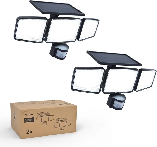 Lumière de sécurité solaire Philips 302 LED 1200LM avec capteur de mouvement PIR à 3 têtes IP65 W – 24% de réduction