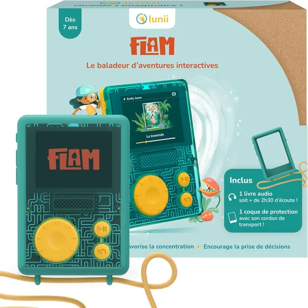 Lunii – Lecteur audio FLAM + Étui de protection vert officiel + 2h45 d’histoires à télécharger, Meilleure offre